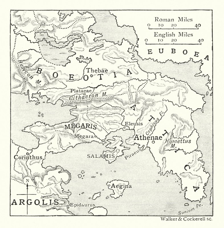 Mapa incluindo a Ática, com Salamina e Egina, a Beócia, Megaris e parte de Corinto e Argólis (litografia) de English School