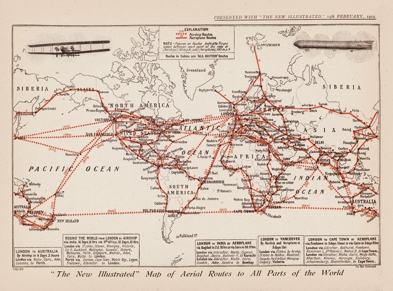 Mapa das rotas aéreas para todas as partes do mundo (litografia a cores) de English School