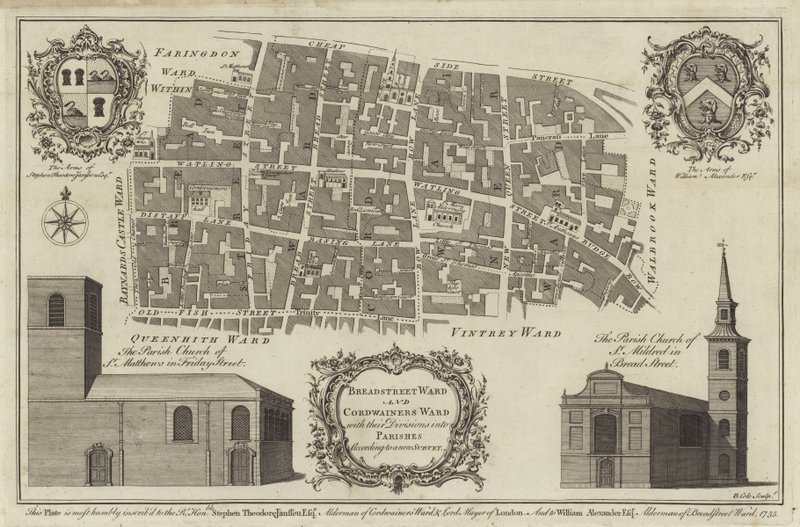 Mapa de Bread Street Ward e Cordwainers Ward, Londres de English School