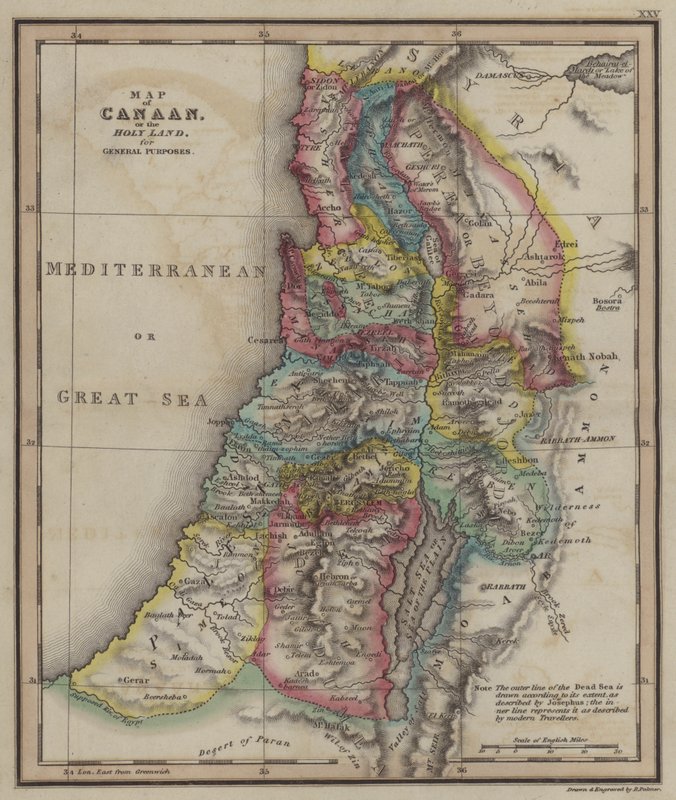 Mapa de Canaã da Terra Santa para Fins Gerais (gravura colorida) de English School