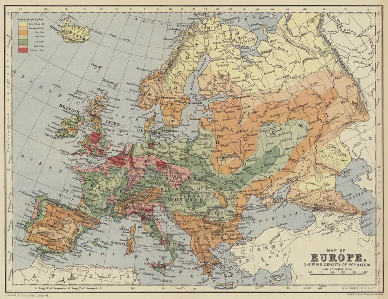 Mapa da Europa, mostrando a densidade da população de English School