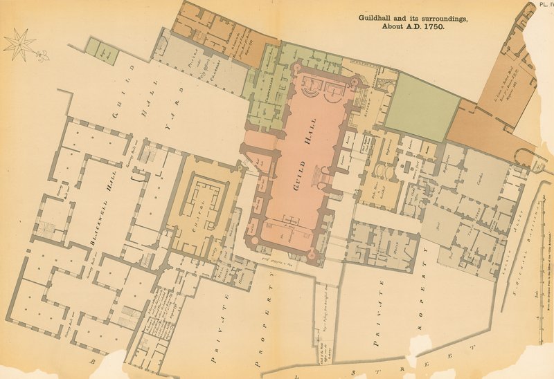 Mapa de Guildhall, Londres e arredores cerca de 1750 de English School