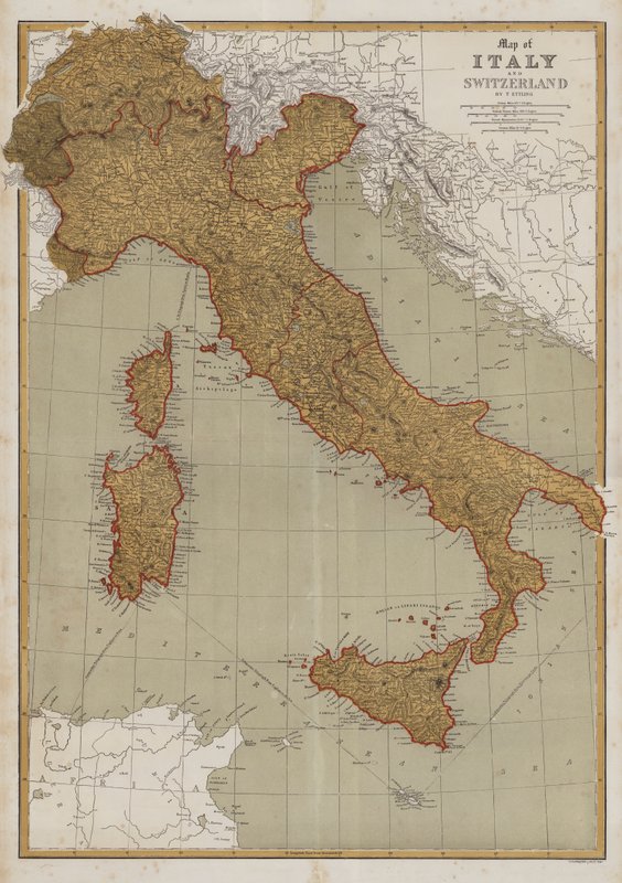 Mapa de Itália e da Suíça (cor litho) de English School