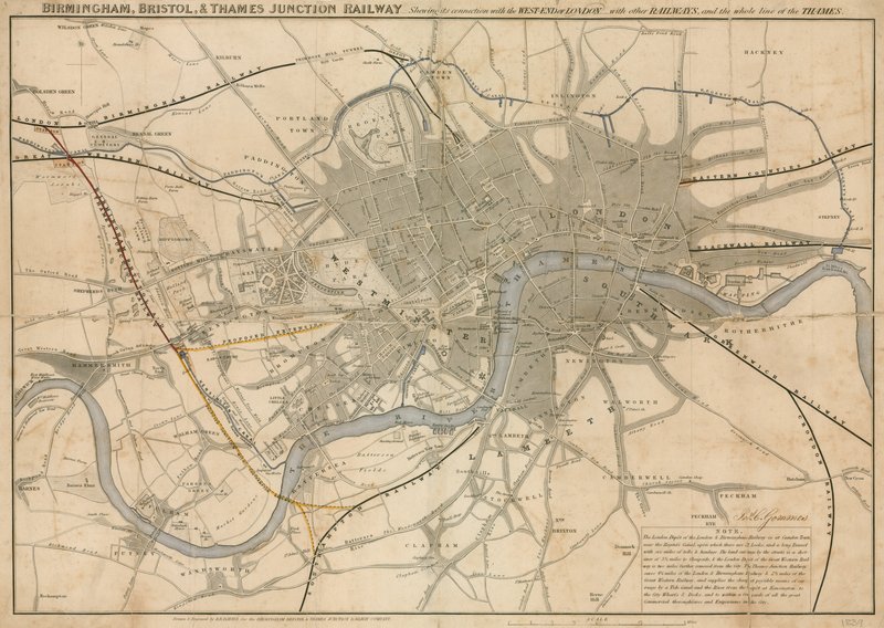 Mapa, de, londres, mostrando, a, birmingham, bristol, thames, junção, ferrovia, 1839 de English School