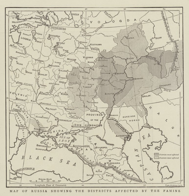 Mapa da Rússia mostrando os distritos afetados pela fome de English School