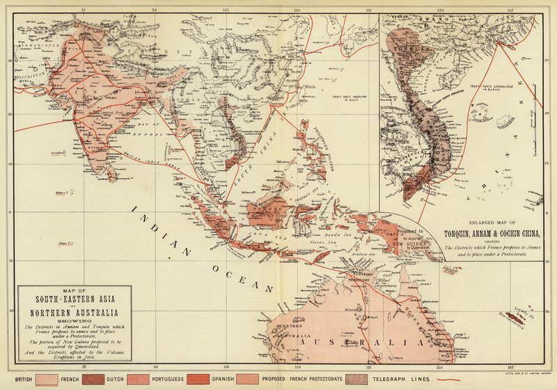 Mapa do Sudeste Asiático e Norte da Austrália; Mapa ampliado de Tonquin, Annam e Cochhin China (cor litho) de English School