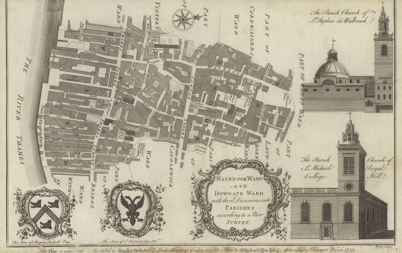 Mapa de Walbrook Ward e Dowgate Ward, Londres de English School