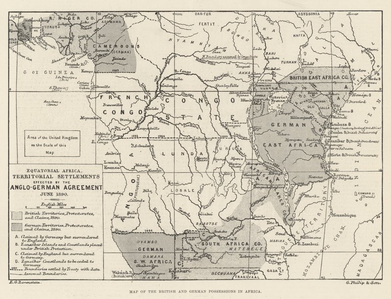 Mapa das possessões britânicas e alemãs em África (gravura) de English School