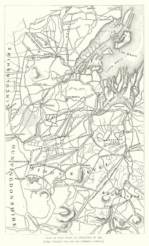 Mapa dos pântanos como drenados em 1830 (gravura) de English School