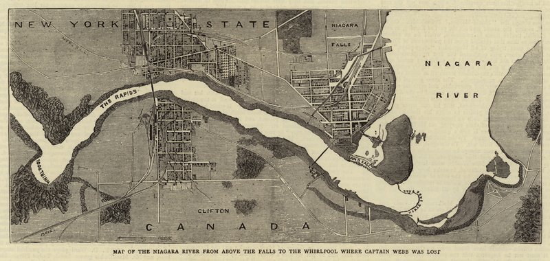 Mapa do rio Niágara desde o cimo das cataratas até ao redemoinho onde o capitão Webb se perdeu (gravura) de English School
