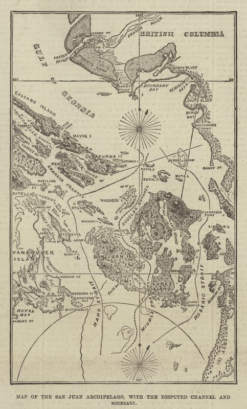 Mapa do Arquipélago de San Juan, com o Canal Disputado e o Limite (gravação) de English School