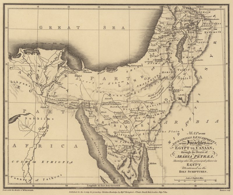 Mapa das viagens e acampamentos dos israelitas do Egipto a Canaã, através do deserto (gravura) de English School