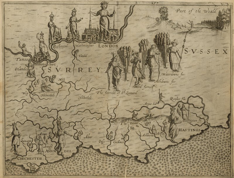 Mapa do sul da Inglaterra, incluindo Londres, Surrey e Sussex de English School