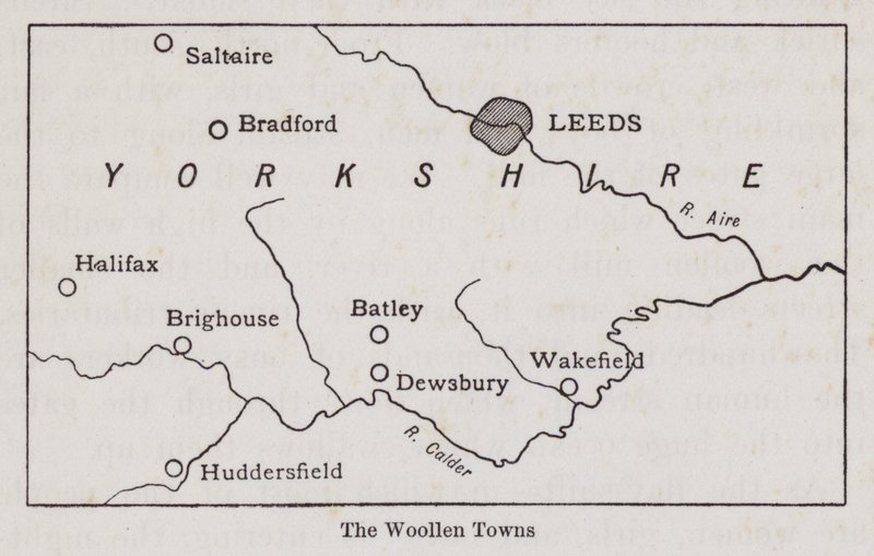 Mapa mostrando as Woollen Towns of Yorkshire (litho) de English School