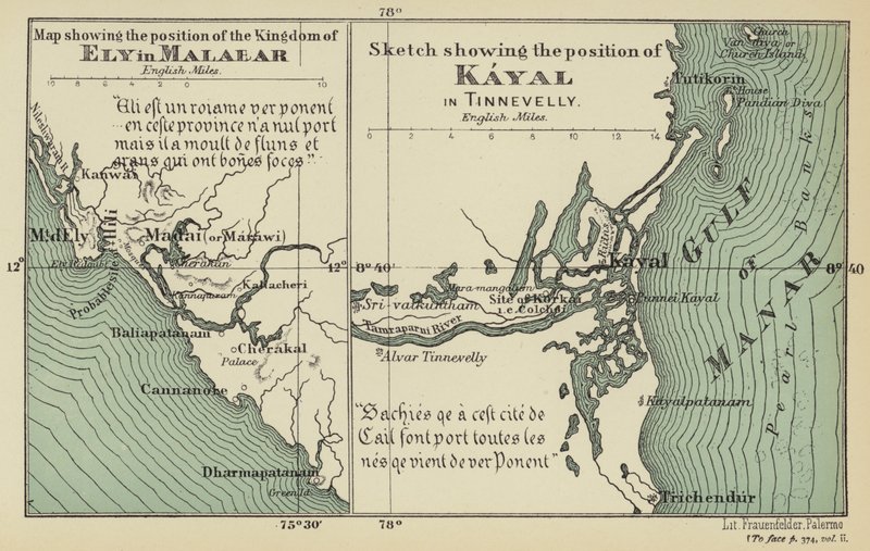 Mapa com a posição do Reino de Ely em Malabar, esboço com a posição de Kayal em Tinnevelly (litografia a cores) de English School