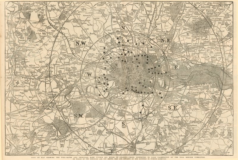 Mapa mostrando as portagens e principais bares dentro de 6 milhas de Charing Cross, exibido a Lord Palmerston pelo Comitê de Reforma de Pedágio de English School
