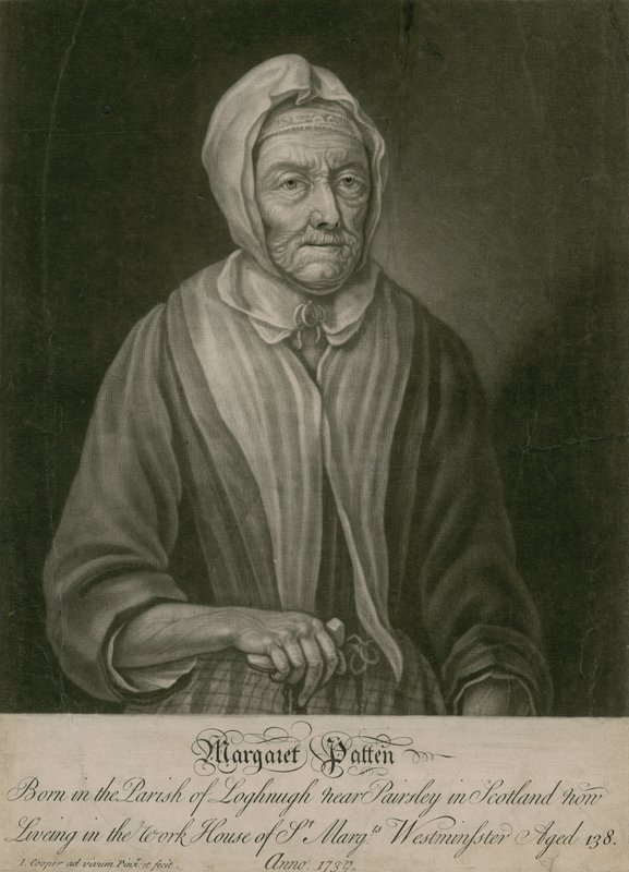 Margaret Patten, agora morando na casa de trabalho de St Margarets, Westminster, com 138 anos de English School