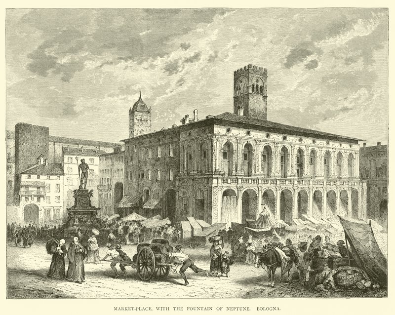 Market-place, com a fonte de Netuno, Bolonha de English School
