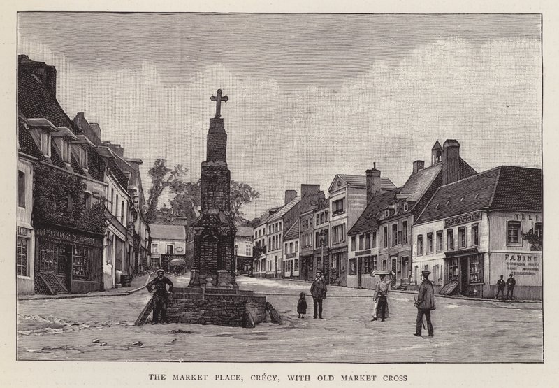 Mercado, Crecy, França, com a velha cruz de mercado (litho) de English School