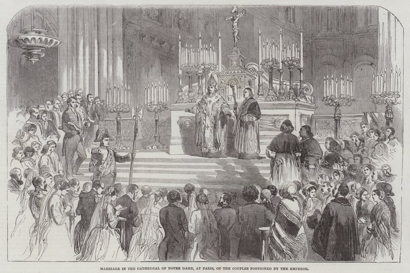 Casamento na Catedral de Notre Dame, em Paris, dos Casais porcionados pelo Imperador (gravura) de English School