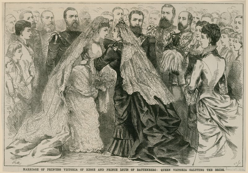 Casamento da princesa Vitória de Hesse e do príncipe Luís de Battenberg, rainha Victoria, saudando a noiva, 16 de maio de 1884 de English School