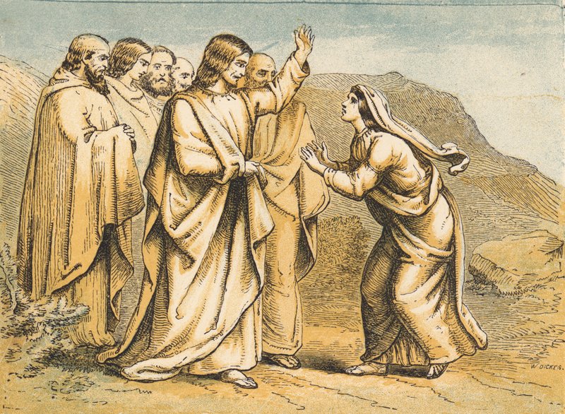 Marta encontrando Jesus após a Morte de Lázaro (gravura colorida) de English School
