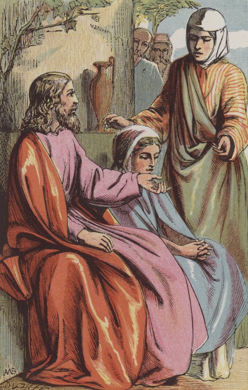 Marta pede a Nosso Senhor que a ajude Maria (gravura colorida) de English School