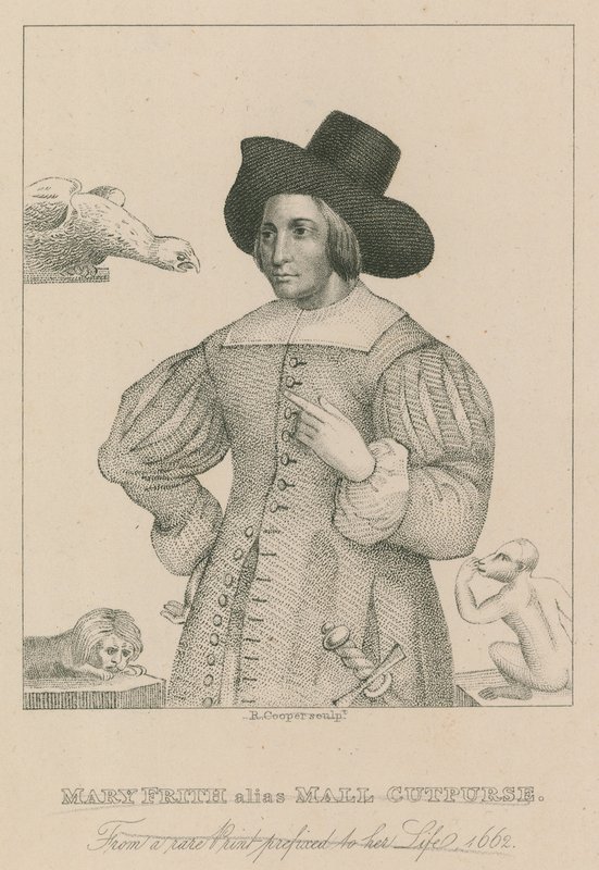 Mary Frith, também conhecida como Moll Curpurse, de uma impressão rara prefixada à sua vida, 1662 de English School
