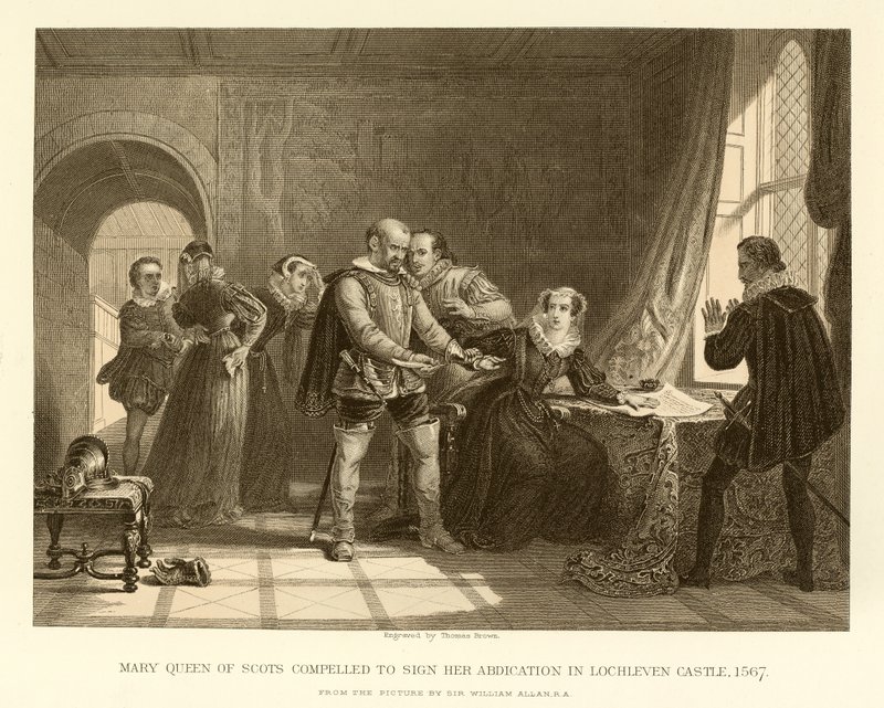 Mary Queen of Scots obrigada a assinar sua abdicação no Castelo de Lochleven de English School