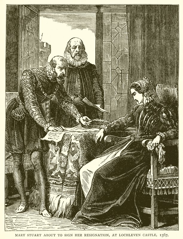 Mary Stuart sobre Assinar sua renúncia, em Lochleven Castle, 1567 de English School