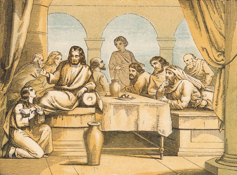 Maria ungindo os pés de Jesus (gravura colorida) de English School