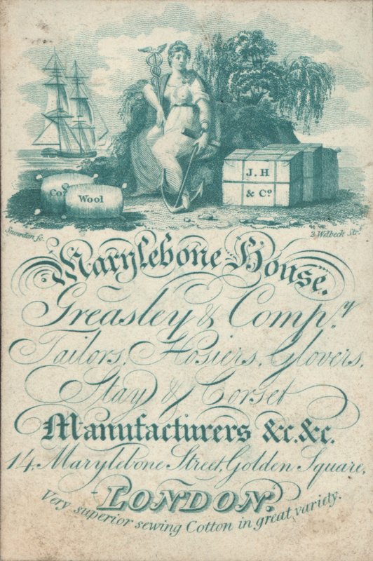 Marylebone House, Greasley & Co, alfaiates, hosiers, glovers, ficar e espartilho fabricantes, 14 Marylebone Street, Golden Square, cartão de comércio de English School