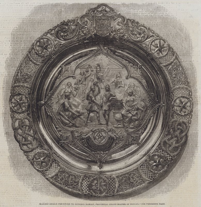 Escudo Maçônico apresentado ao General Ramsay, Grande Mestre Provincial de Bengala (gravura) de English School