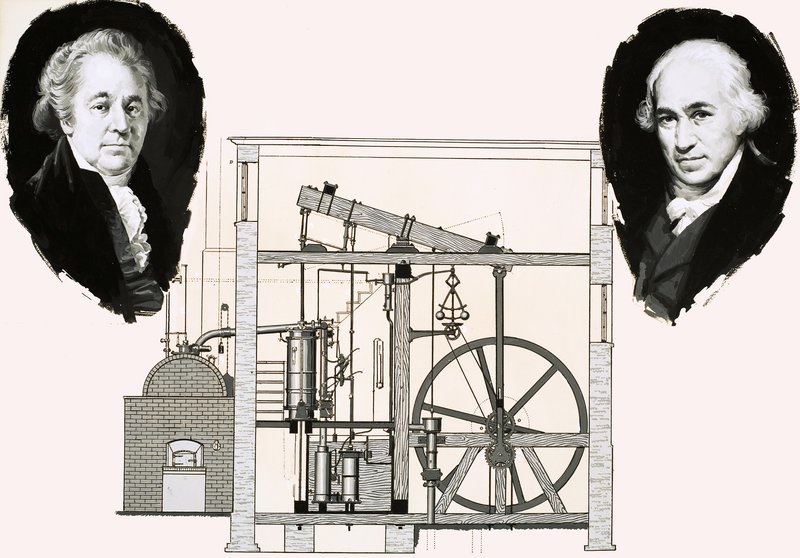 Matthew Boulton e James Watt com um dos motores a vapor patenteados de English School