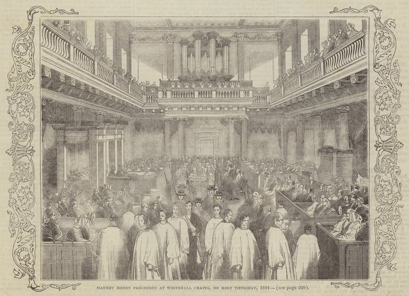 Procissão do dinheiro da terra na capela de Whitehall, na quinta-feira santa, 1844 de English School