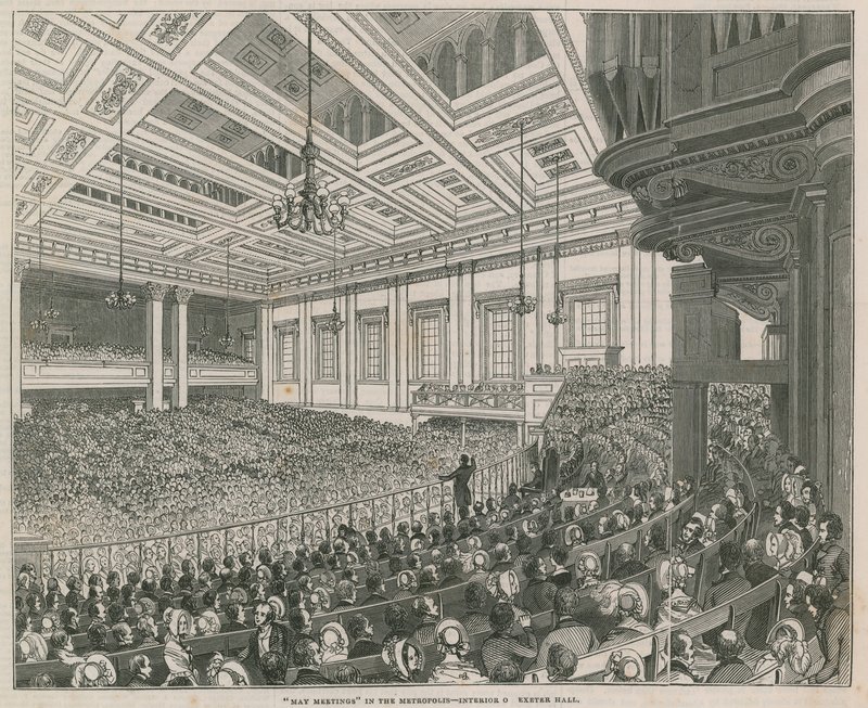 Reuniões de maio na metrópole, interior de Exeter Hall de English School