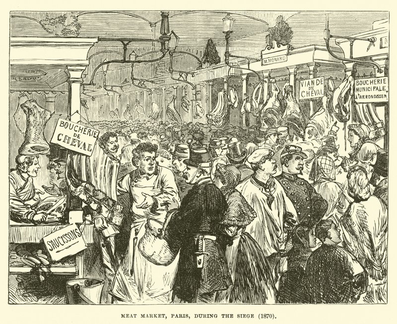 Mercado de carne, Paris, durante o cerco, 1870 de English School