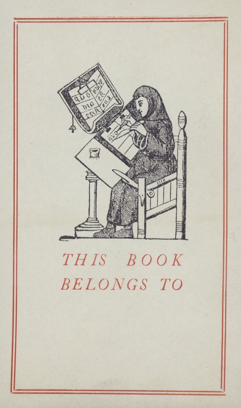 Escriba medieval trabalhando em um manuscrito, etiqueta de propriedade de livro (cor litho) de English School