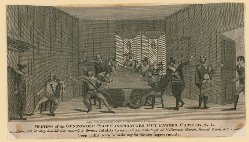 Encontro dos Conspiradores da Conspiração da Pólvora, Guy Fawkes, Catesby, etc de English School
