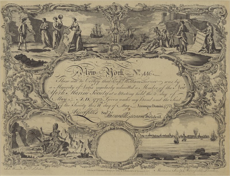 Certificado de sócio da New York Marine Society, 1773 de English School