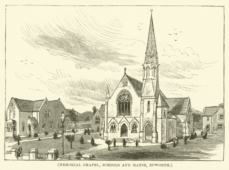Memorial Chapel, Schools and Manse, Epworth (gravura) de English School