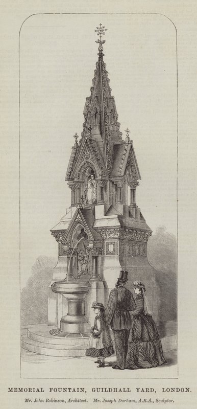 Memorial Fountain, Guildhall Yard, Londres, Sr. John Robinson, Arquitecto, Sr. Joseph Durham, ARA, Escultor (gravura) de English School