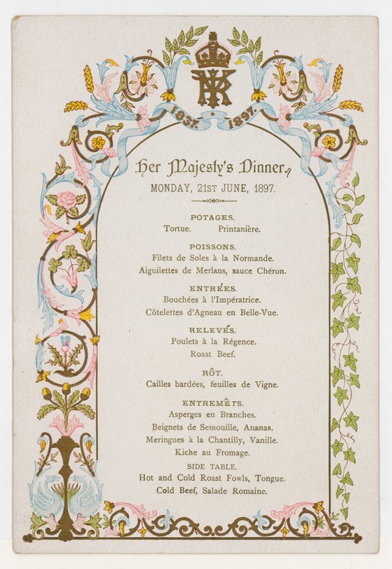 Menu para o jantar da rainha Victorias na segunda-feira, 21 de junho de 1897, na véspera de seu Jubileu de Diamante de English School