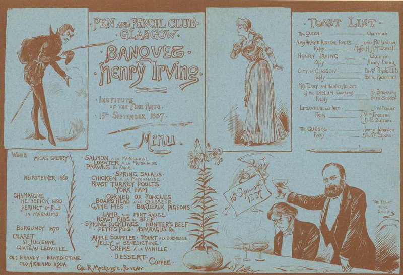 Menu para um banquete em homenagem a Henry Irving, Pen e Pencil Club, Glasgow, 15 de setembro de 1887 de English School