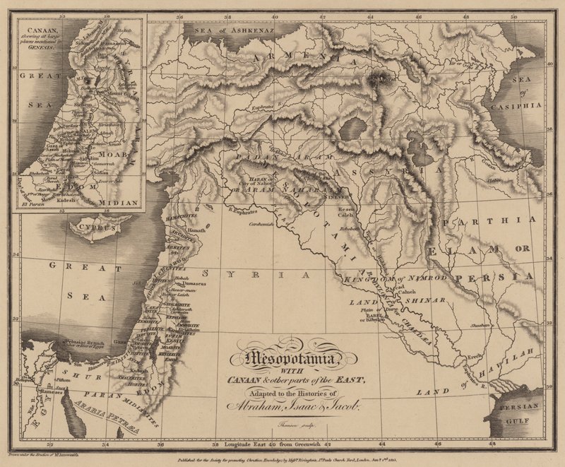 Mesopotâmia com Canaã e outras partes do Oriente, adaptada às histórias de Abraão, Isaac e Jacó (gravura) de English School