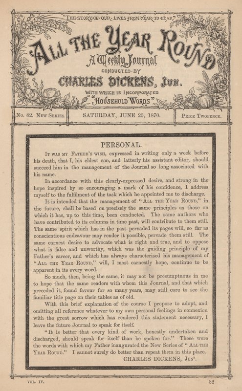 Mensagem de Charles Dickens Júnior no semanário All The Year Round, após a morte do seu pai de English School