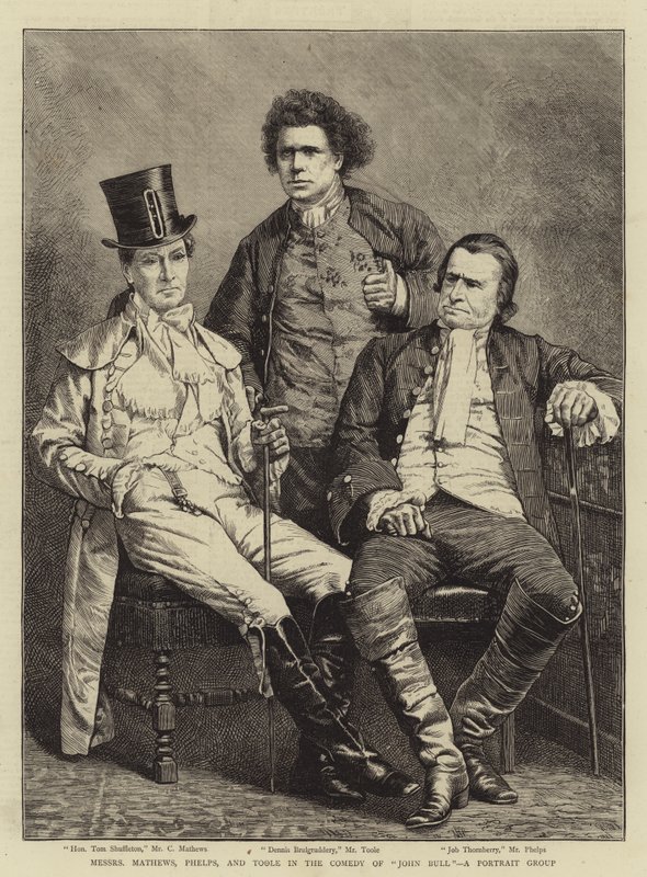Mensageiros Mathews, Phelps e Toole na Comédia de "John Bull", um Grupo de Retratos (gravura) de English School