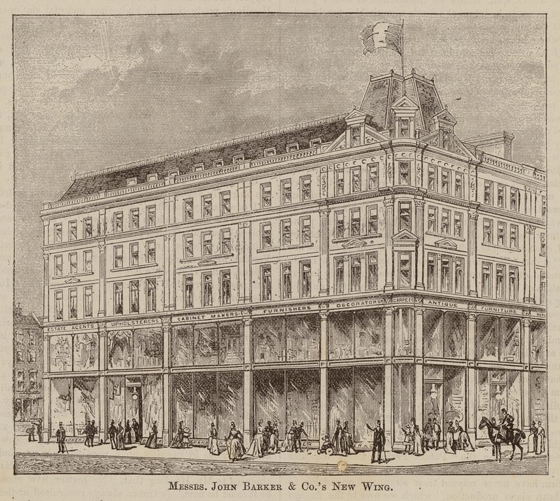 John Barker and Co, Drapers and General Warehousemen, Outfitters, Domestic Engineers, House Furnishers, and Purveyors, Kensington High Street, W (gravura) de English School
