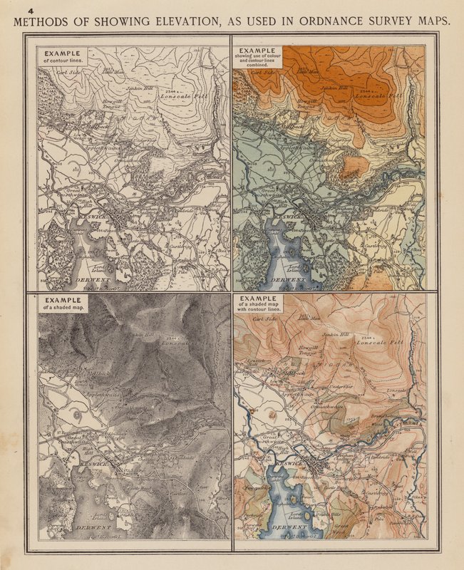 Métodos de representação da elevação, tal como utilizados nos mapas da Ordnance Survey (litografia a cores) de English School