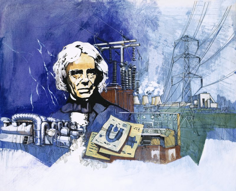 Michael Faraday com estação de energia elétrica no fundo de English School